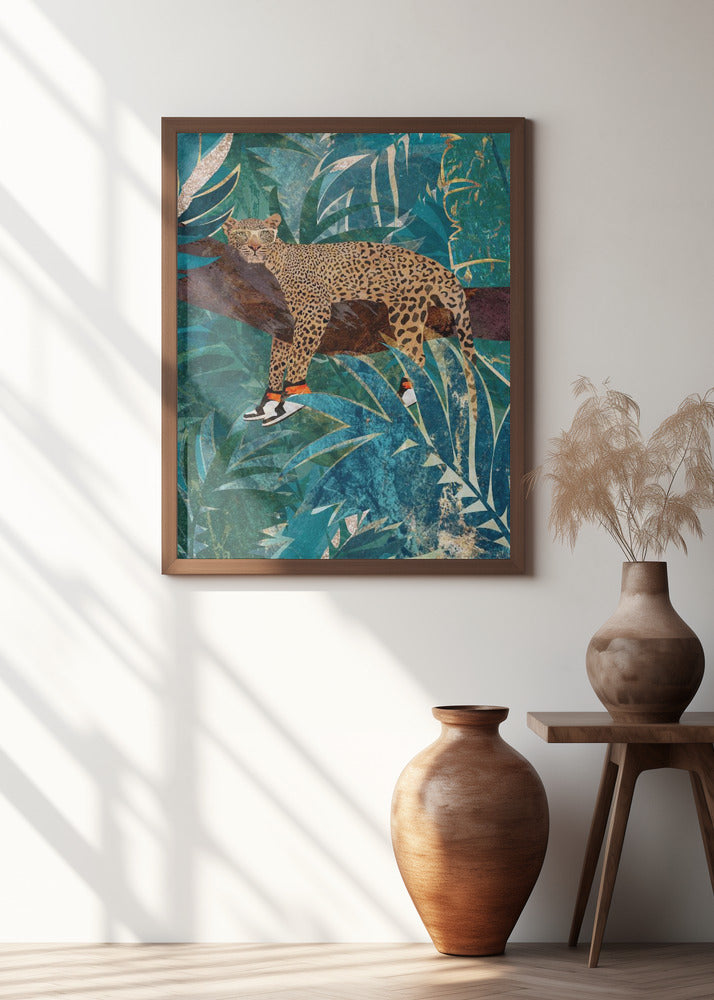 Leopard wearing sneakers in jungle Poster