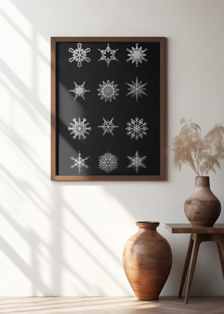 Twelve geometric snowflakes in black Poster