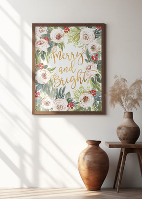 Merry and bright holiday roses and berries Poster