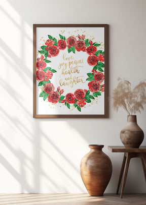 Holiday wishes wreath of red English roses Poster