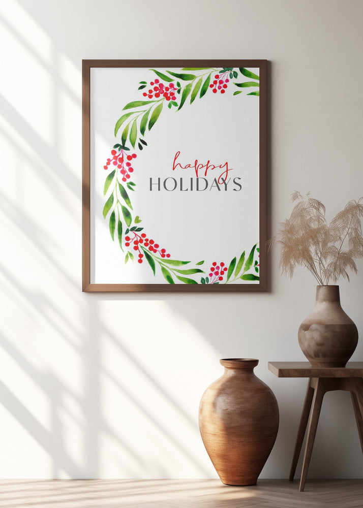 Happy holidays watercolor wreath Poster