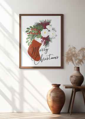 Floral Stocking Merry Christmas in white Poster