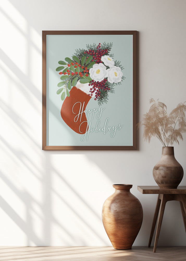 Floral Stocking Happy holidays Poster