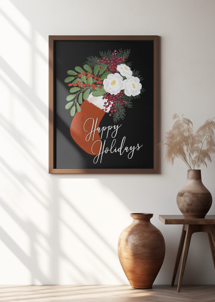 Floral Stocking Happy holidays in black Poster