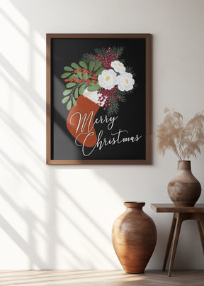 Floral Stocking Merry Christmas in black Poster