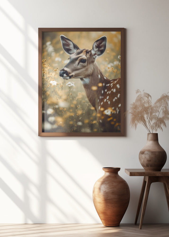 Deer In Flower Field Poster