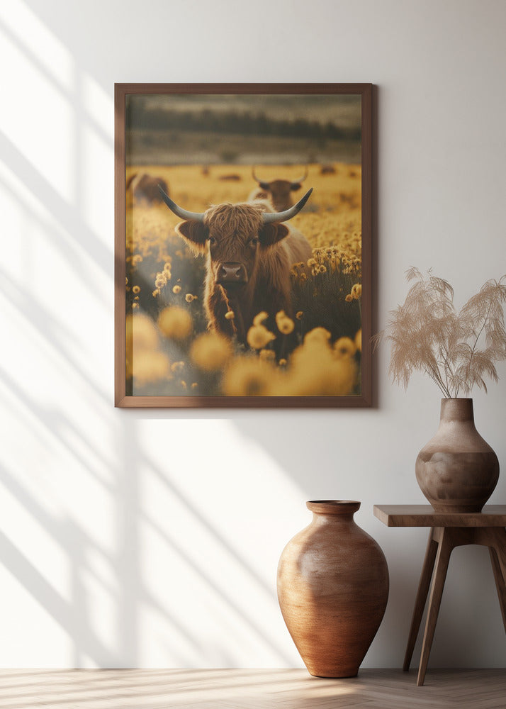 Highland Cows In Flower Field Poster