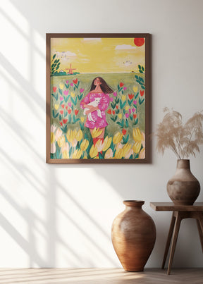 Woman in spring tulip field Poster