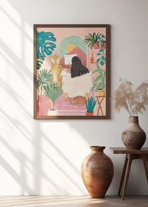 Woman taking bath in pink tropical bathroom Poster