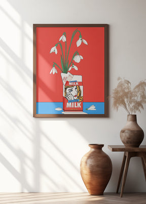 Snowdrops in Spilled Milk Carton Retro Illustration Poster