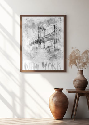 Monochrome Art NYC Manhattan Bridge | watercolor Poster