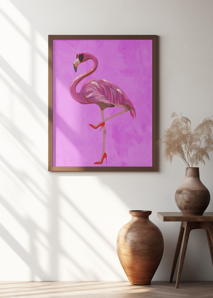 Flamingo in heels and heart glasses pink Poster