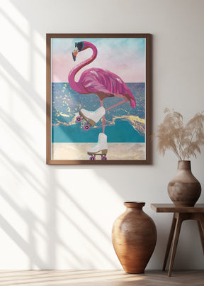 Flamingo rollerskating on the beach Poster