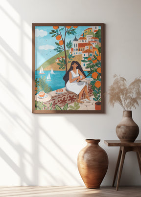 Travel poster woman in Mediterranean coast Poster