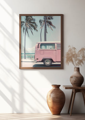 Pink Bus By the Beach Poster