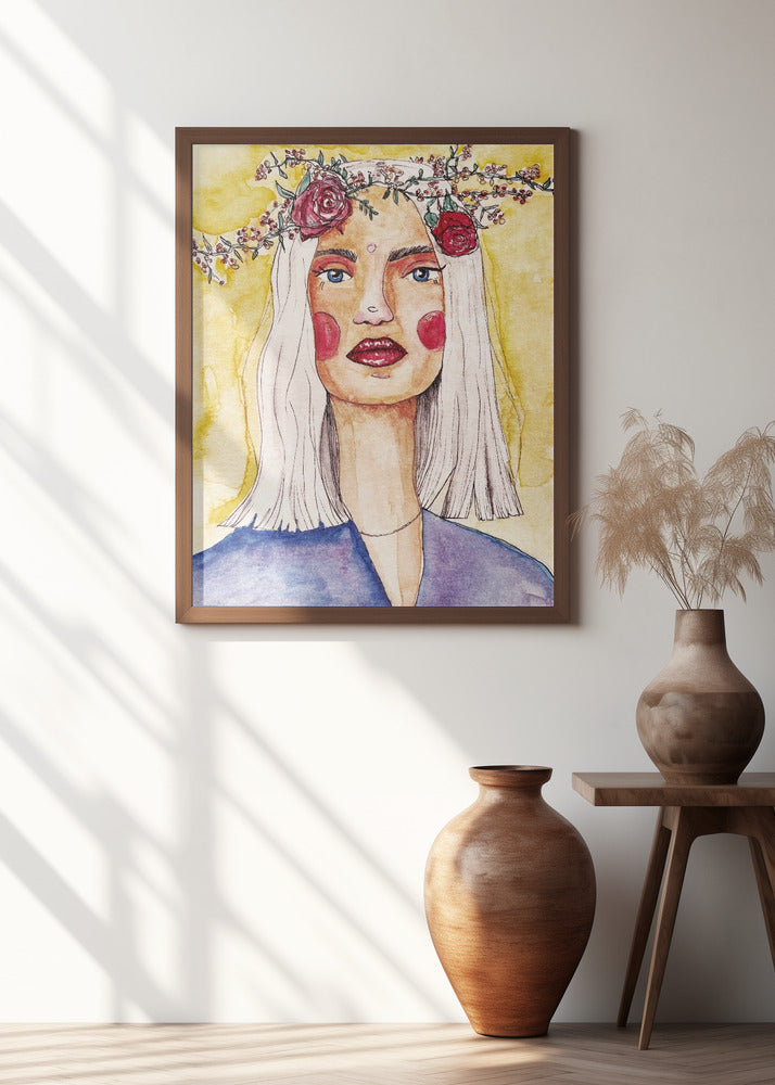 Lady with flower wreath Poster