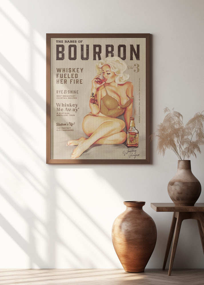 Bourbon Wall Art. Sexy Vintage Pin Up Girl Drinking Whiskey Poster