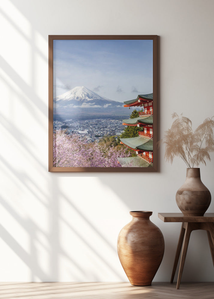 Unique view of Mount Fuji with Chureito Pagoda during cherry blossom season Poster