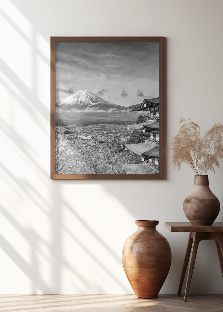 Unique view of Mount Fuji with Chureito Pagoda during cherry blossom season - monochrome Poster