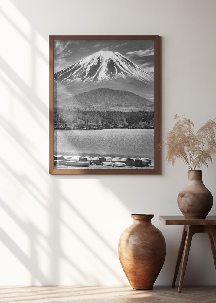 Picturesque Lake Shoji with striking Mount Fuji - monochrome Poster