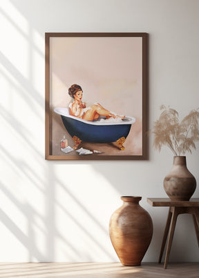 Bathtub Drinks: Pinup Girl Drinking In Bathroom Poster