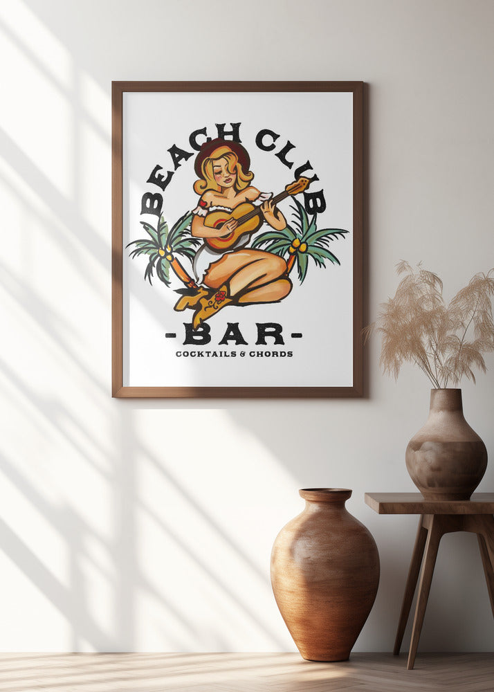 Beach Club Bar. Sailor Jerry Style Pin-up Girl Playing Guitar Poster