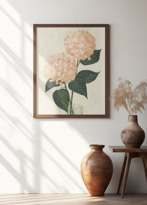 Coral hydrangeas in a vase Poster