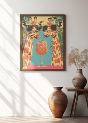 Giraffes Sharing a Drink Poster