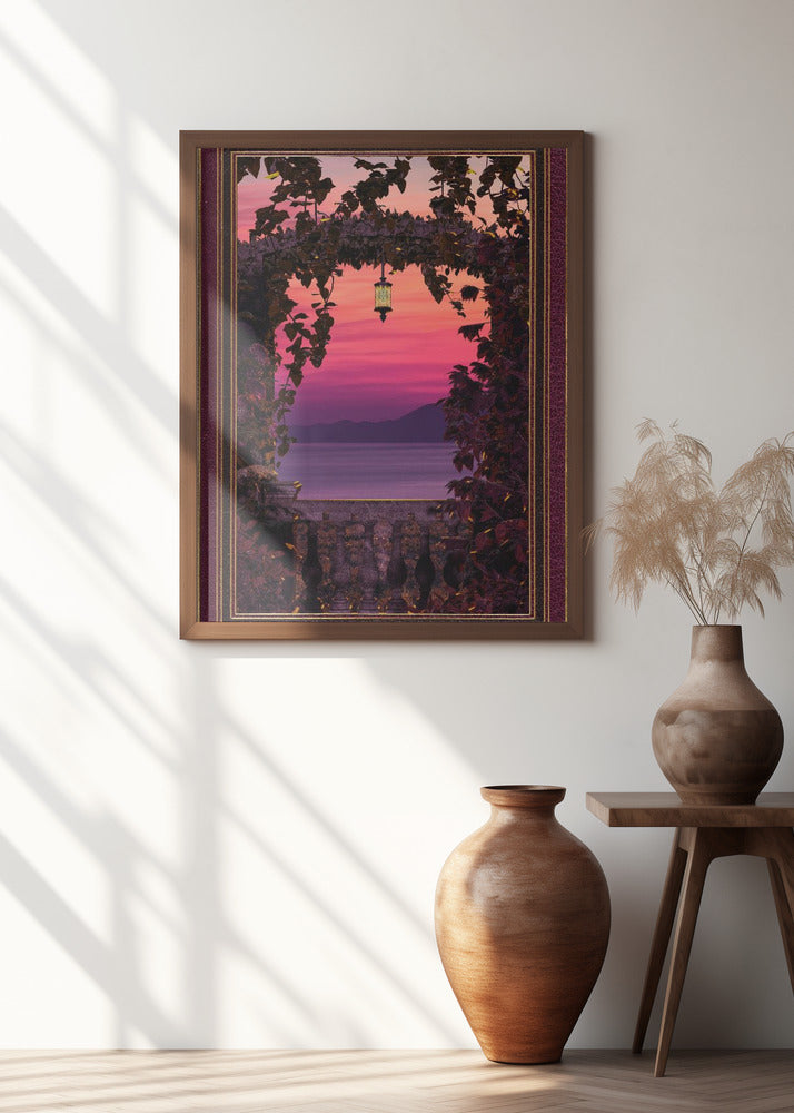 Sunset view with ornate &amp; gold burgundy frame Poster