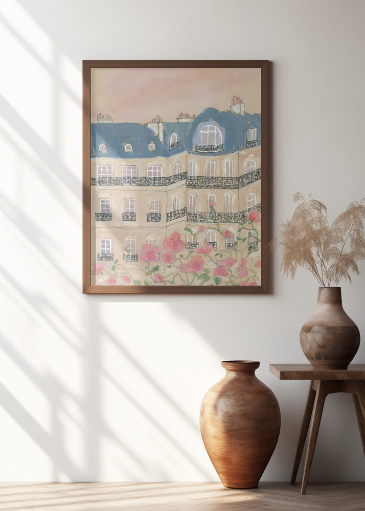 Sunset Over Paris Buildings Poster