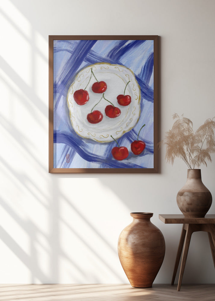 A Plate of Cherries Food Painting Poster