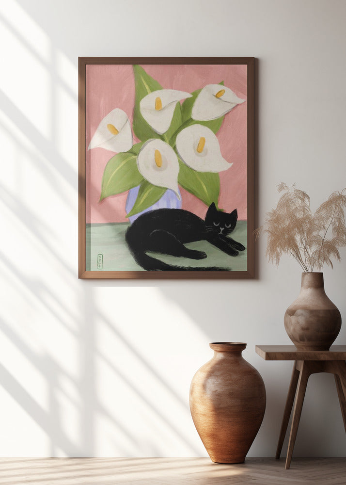 Lilies In a Vase and a Black Cat  - Still Life Illustration Poster