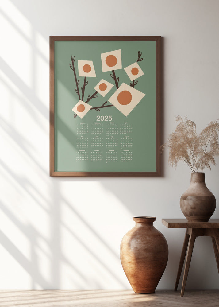 Sunburst Blossoms Sage 2025 Mid Century Calendar Poster