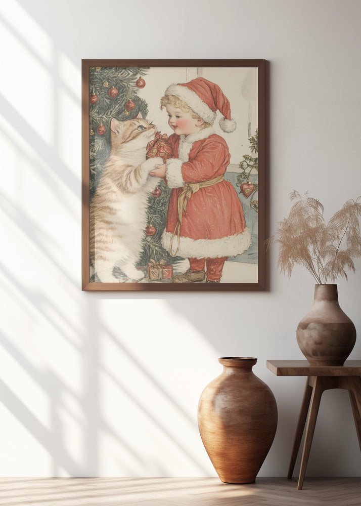 Christmas Kid and Cat Poster