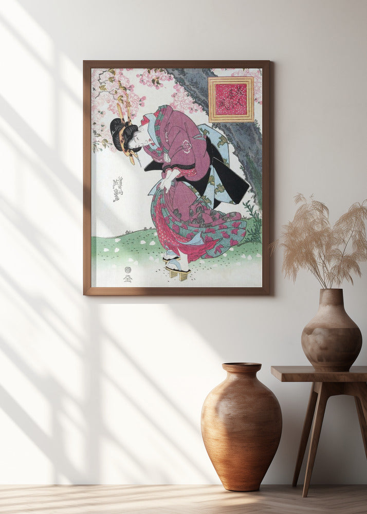 Japanese Woman and Cherry Blossom (1828) Vintage Woodblock Prints Poster