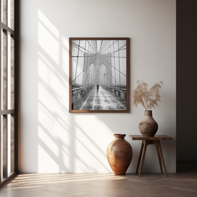 New York Walker in Blizzard - Brooklyn Bridge Poster