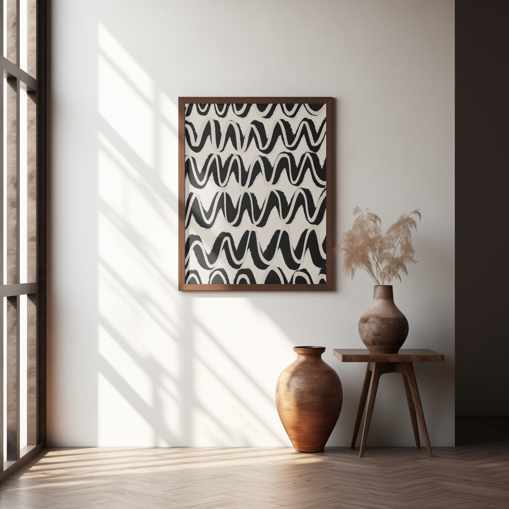 Beige Black Waves Pattern Poster