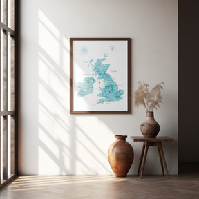 Aquamarine watercolor map of the United Kingdom Poster