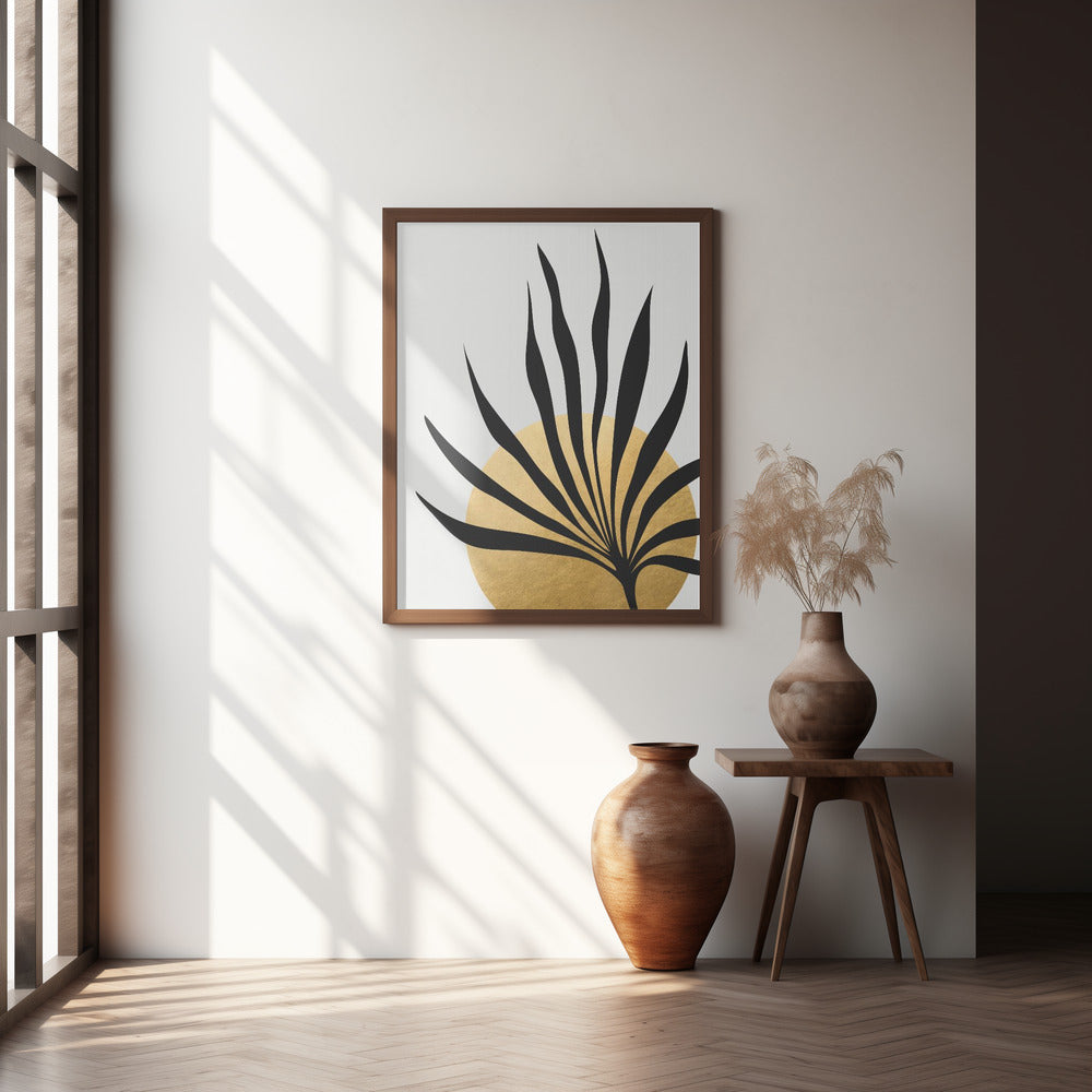 Tropical sun and palm leaf Poster