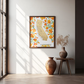 California map with watercolor poppies Poster