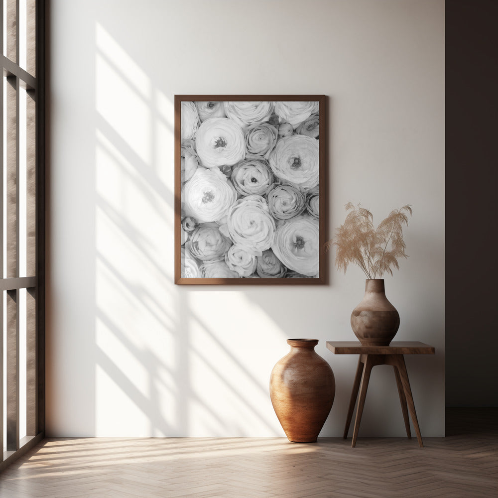 Scattered ranunculus grayscale I Poster