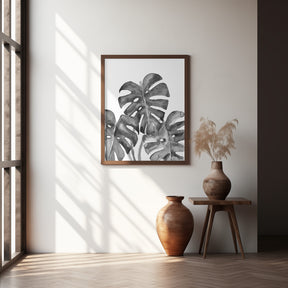 Monstera Leaves In Loose Watercolor Black and White Poster