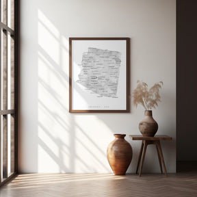 Grayscale watercolor map of Arizona, USA Poster