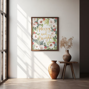 Merry and bright holiday roses and berries Poster