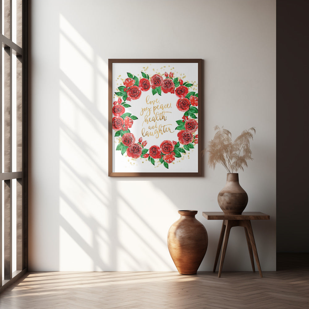 Holiday wishes wreath of red English roses Poster