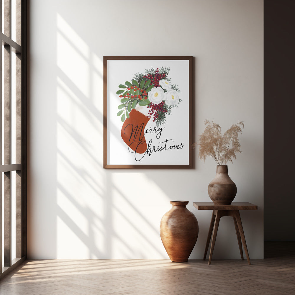 Floral Stocking Merry Christmas in white Poster