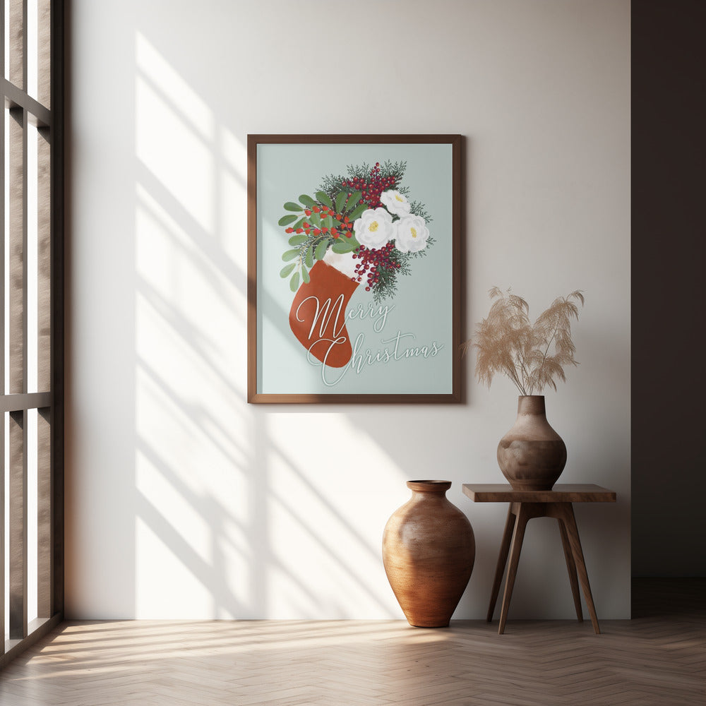 Floral Stocking Merry Christmas in mint Poster