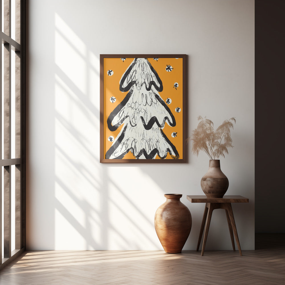 Christmas Tree And Snow Yellow Poster