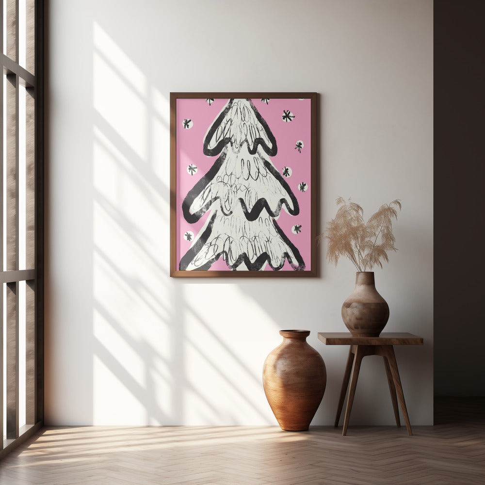 Christmas Tree And Snow Pink Poster