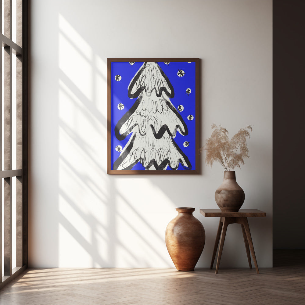 Christmas Tree And Snow Blue Poster